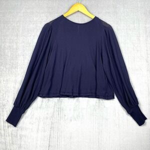 Free People Womens Knit Top Size XS Navy Blue Pleated Long Sleeve Boho Chic